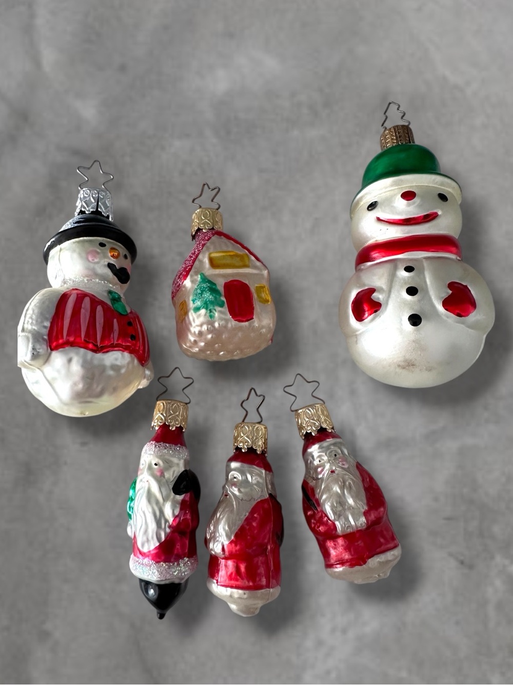 LOT OF 6 VINTAGE INGE GLAS MINI FEATHER TREE & BIGGER SANTA SNOWMAN ORNAMENT